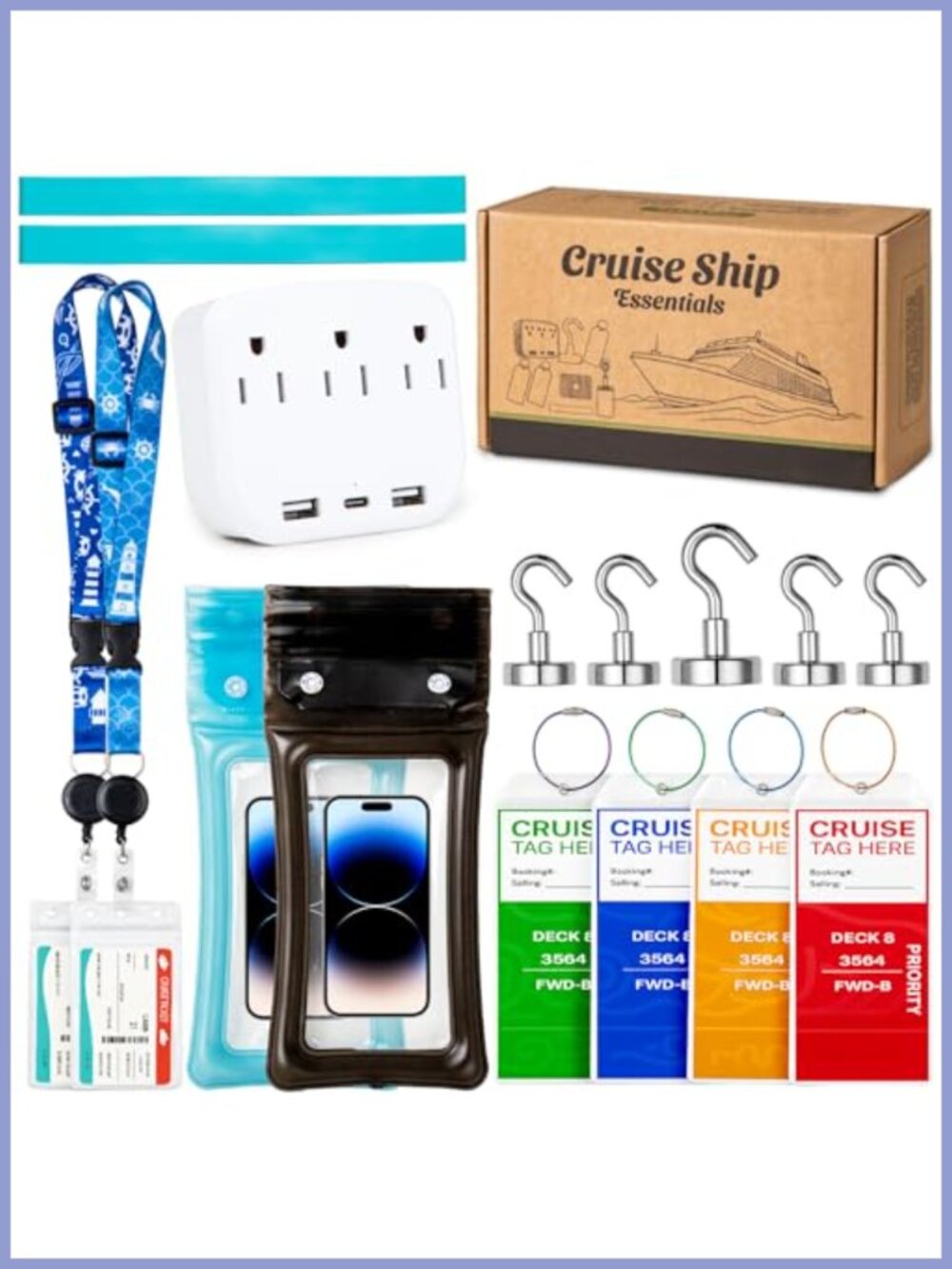 17Pc Cruise Essentials Kit: Power Strip, Lanyard, Magnetic Hooks, Luggage Tags